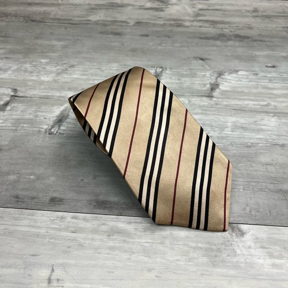 Burberry Tan w/ Black, Red & White Stripe Silk Tie - Picture 2 of 5
